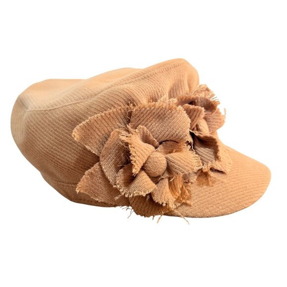 Scala Pronto Newsboy Cap Tan Corduroy Cabbie Style Hat Frayed Floral Made Italy - Picture 1 of 10